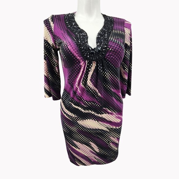 Bisou Bisou Michele Bohbot Size 10 Dress With Purple Black Beaded Neckline - Picture 1 of 9